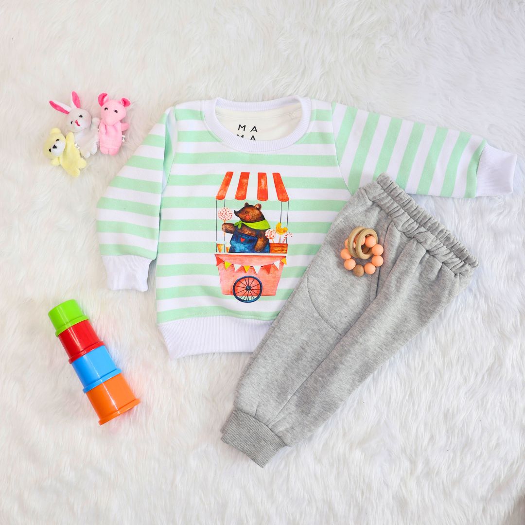 Green Striped Circus Bear 2-piece Sweatshirt Bundle (3-6m)