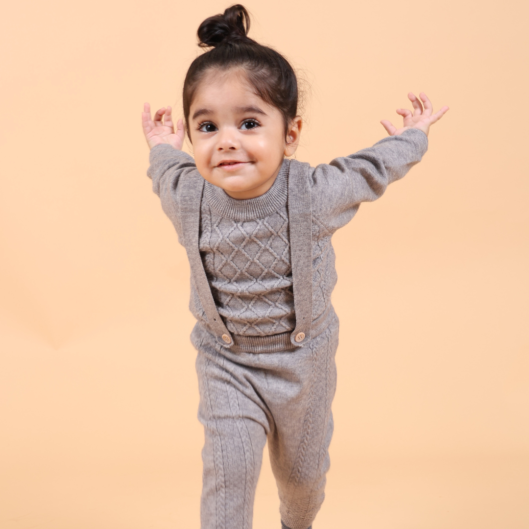 Mama &amp; Peaches Grey Dungaree Knitted Co-ord Set with Cap