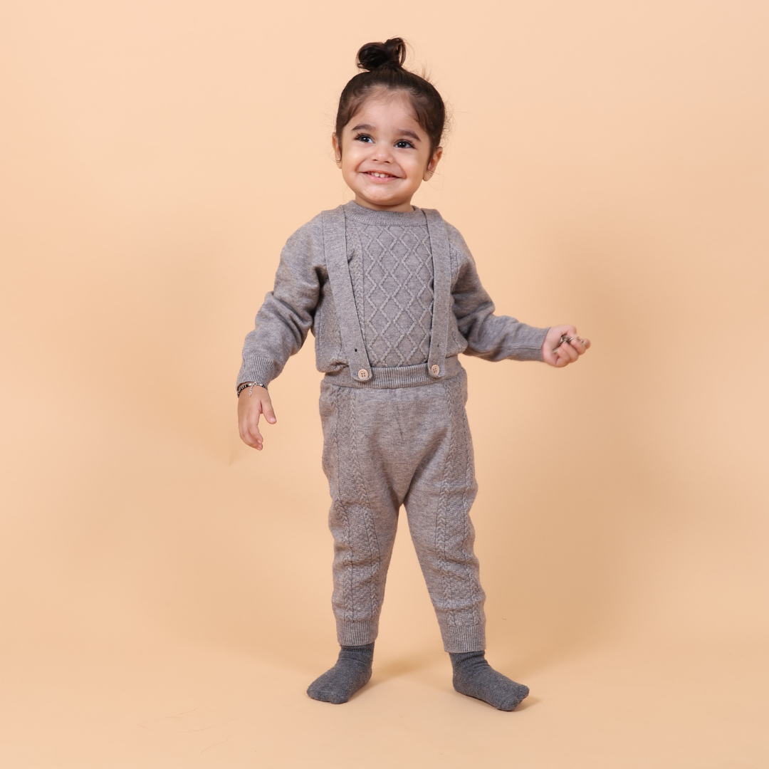 Grey Dungaree Knitted Co-ord Set with Cap