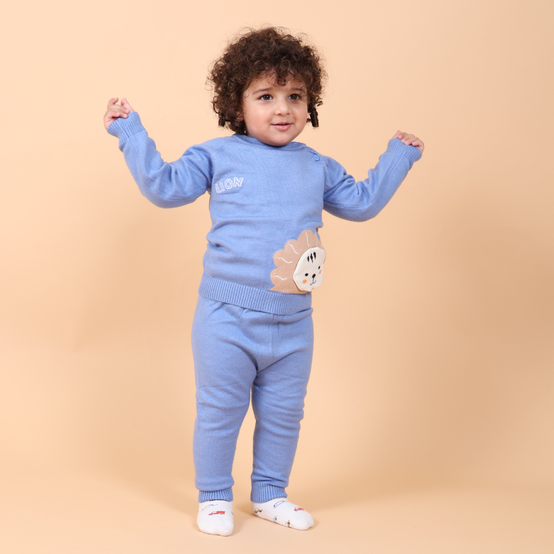 Lion Knitted Co-ord Set- Blue