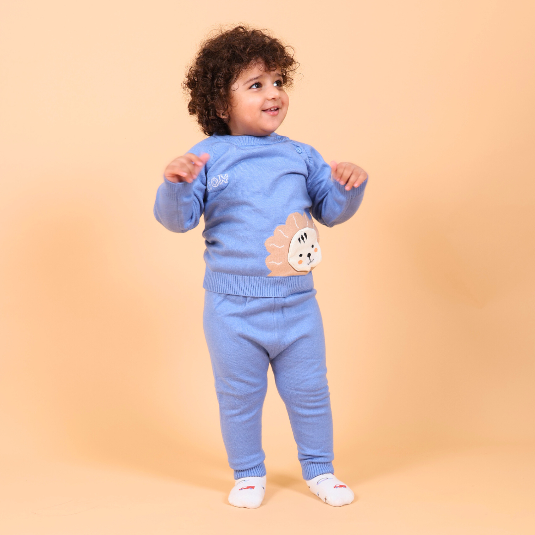 Lion Knitted Co-ord Set- Blue