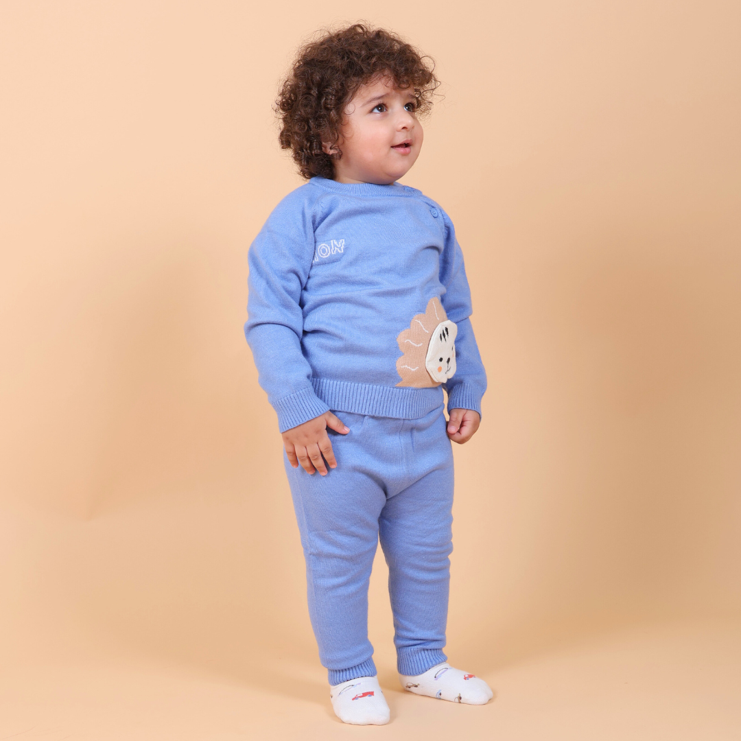 Lion Knitted Co-ord Set- Blue