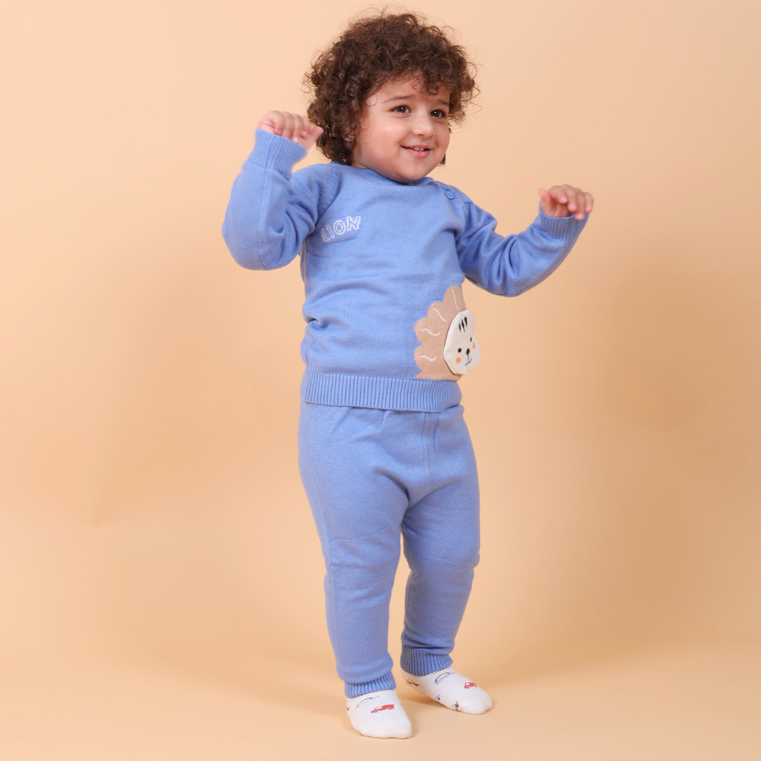 Lion Knitted Co-ord Set- Blue