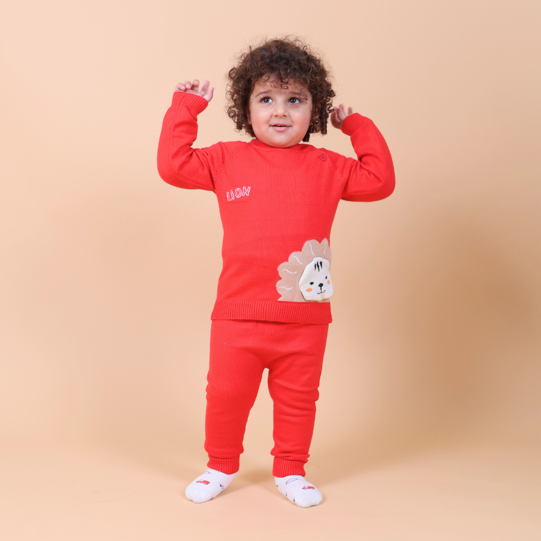 Mama &amp; Peaches Lion Knitted Co-ord Set- Red