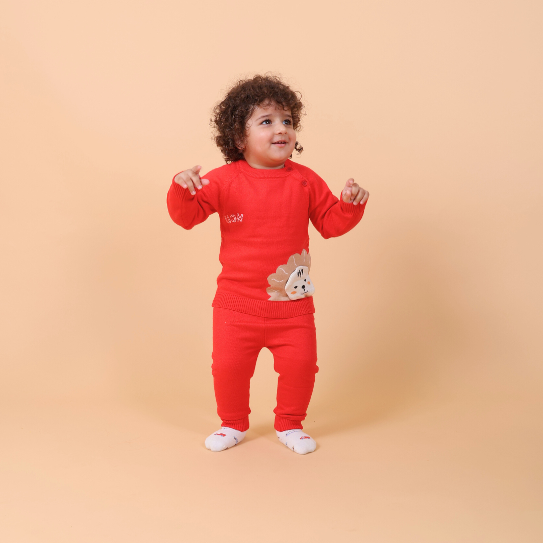 Lion Knitted Co-ord Set- Red