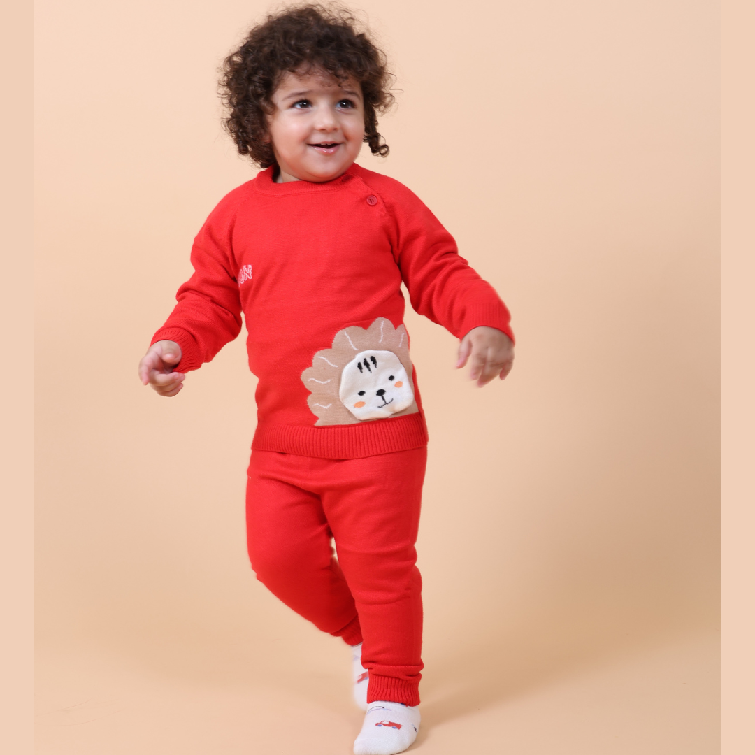 Lion Knitted Co-ord Set- Red