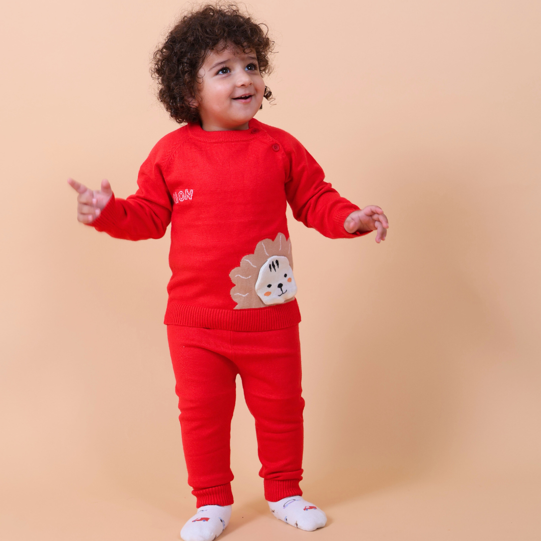 Mama &amp; Peaches Lion Knitted Co-ord Set- Red