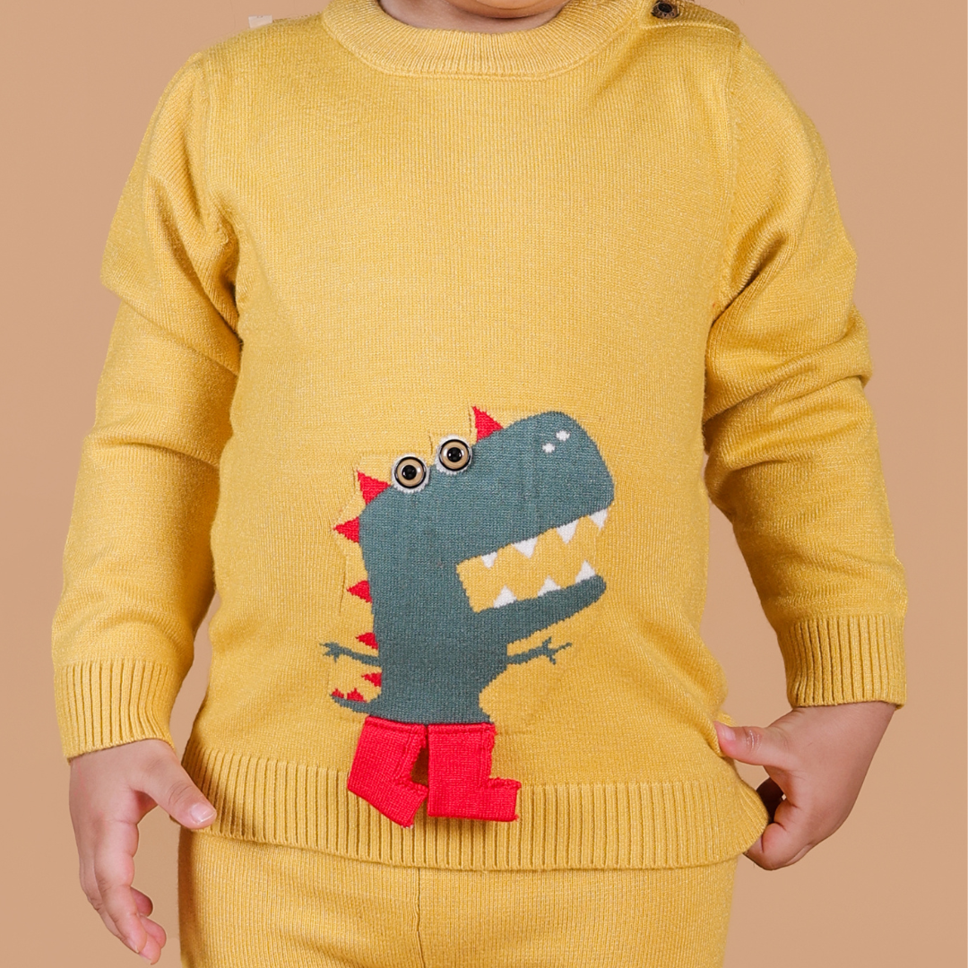 Mighty Dino Knitted Winter Co-Ord Set - Yellow