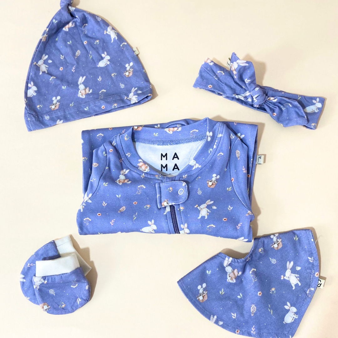 Rabbits in Lavender Fields Zipped Sleepsuit - 5pc Bundle