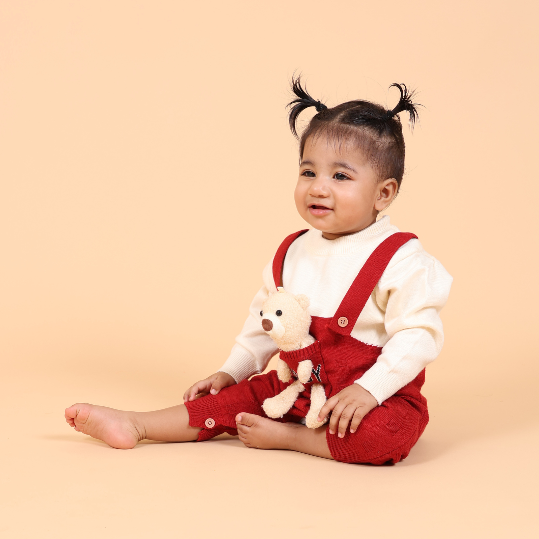 Red Bear Knitted Romper with Cap + Toy