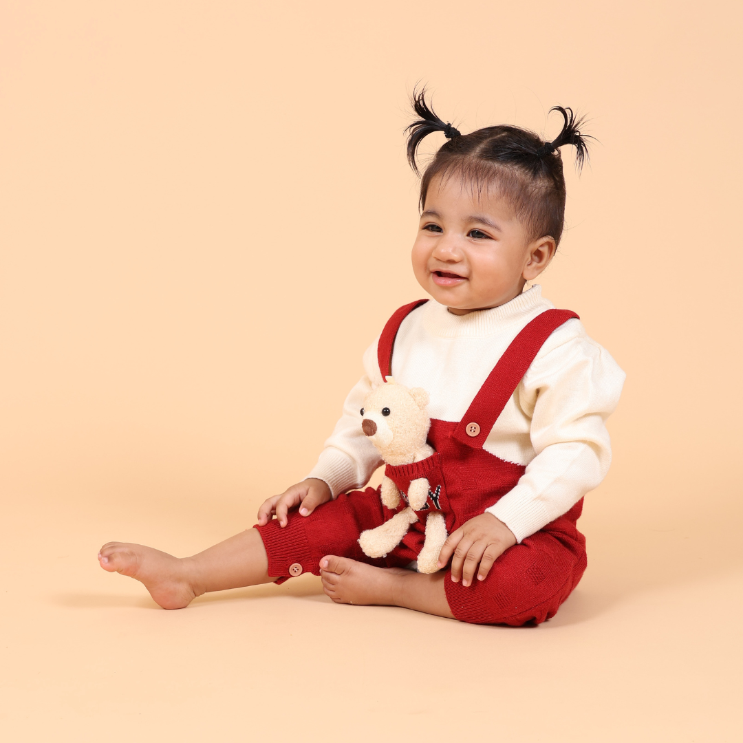 Red Bear Knitted Romper with Cap + Toy