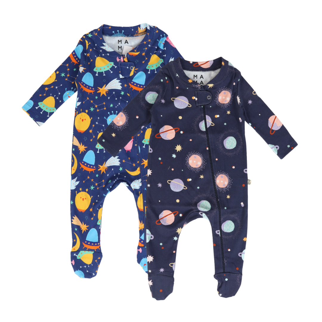 Zipped Footed Sleepsuit Space Print - 2pc Pack