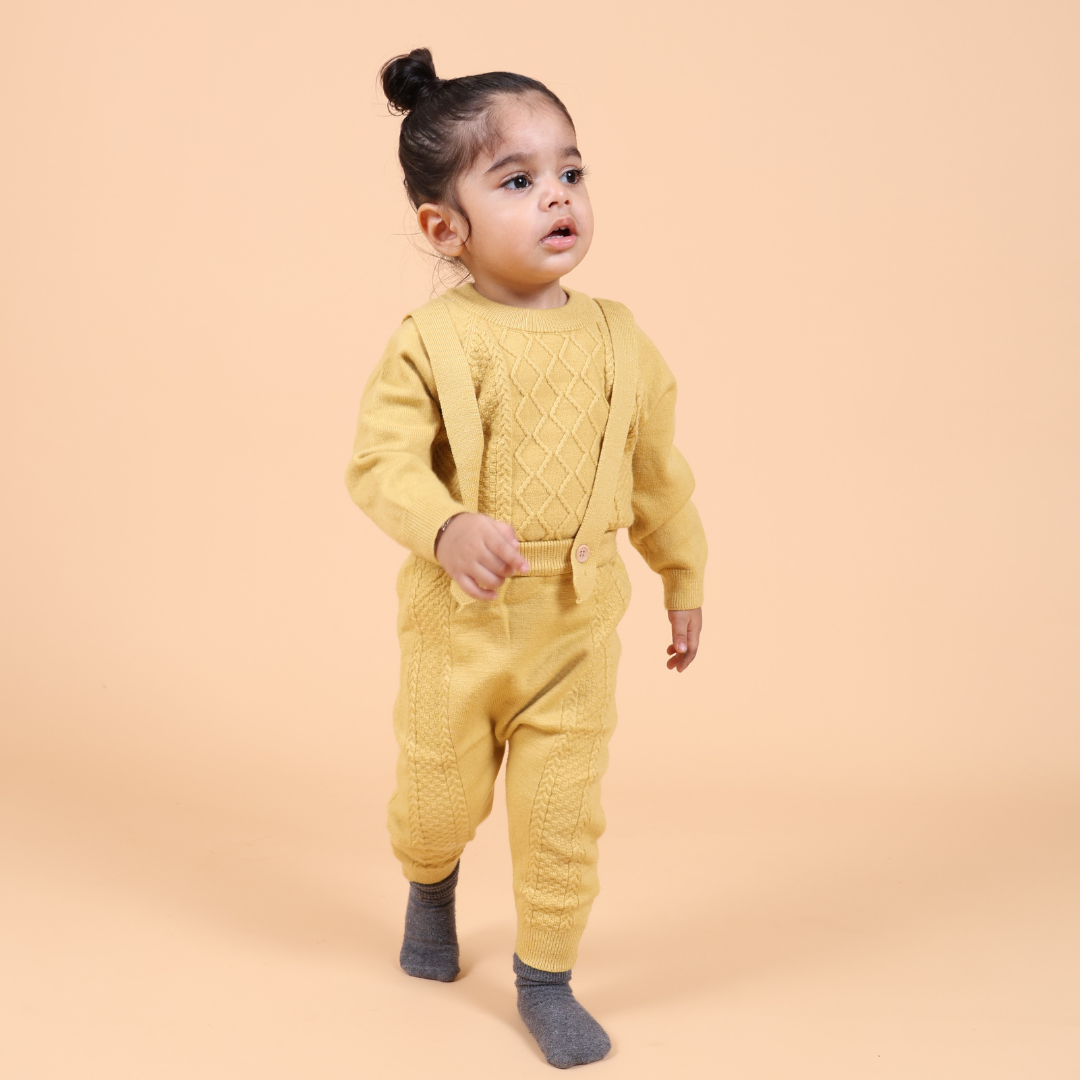 Yellow Dungaree Knitted Winter Co-ord Set with Cap