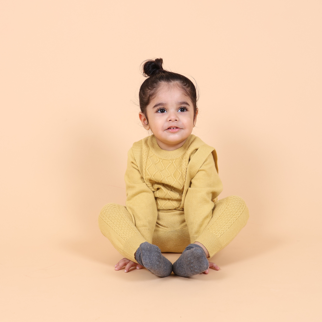 Yellow Dungaree Knitted Winter Co-ord Set with Cap