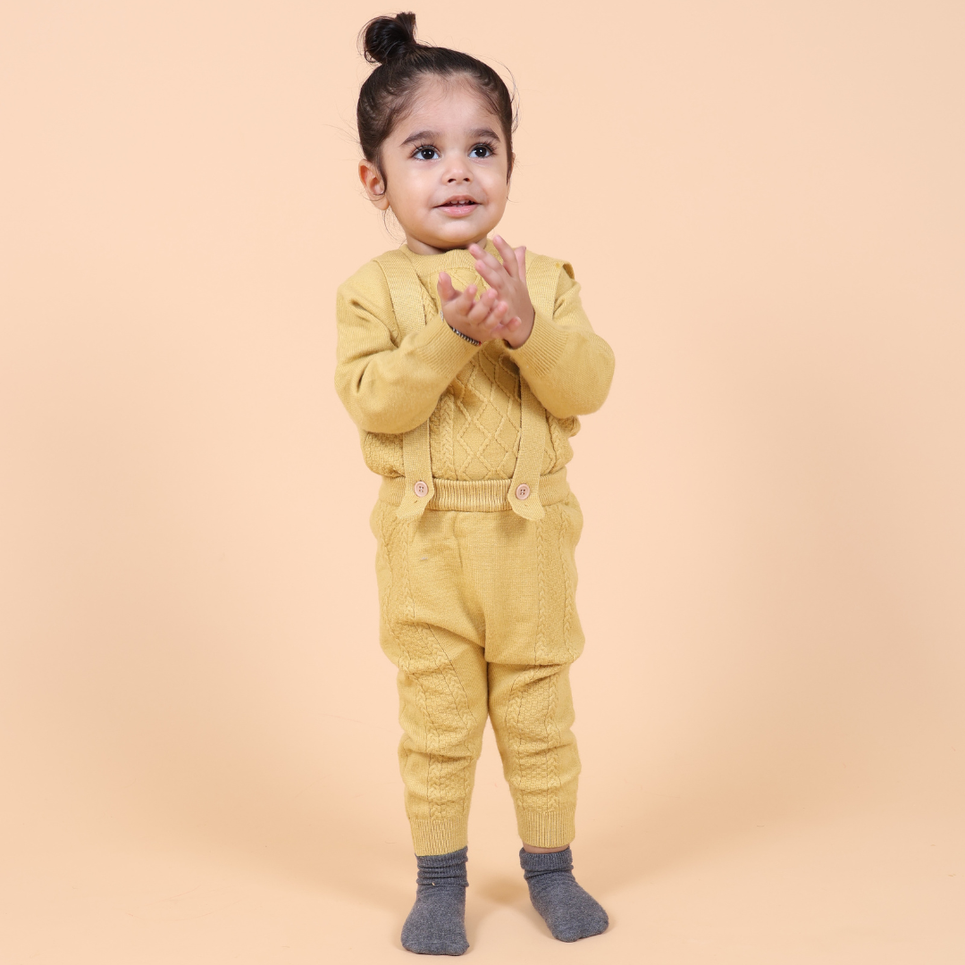 Mama &amp; Peaches Yellow Dungaree Knitted Co-ord Set with Cap