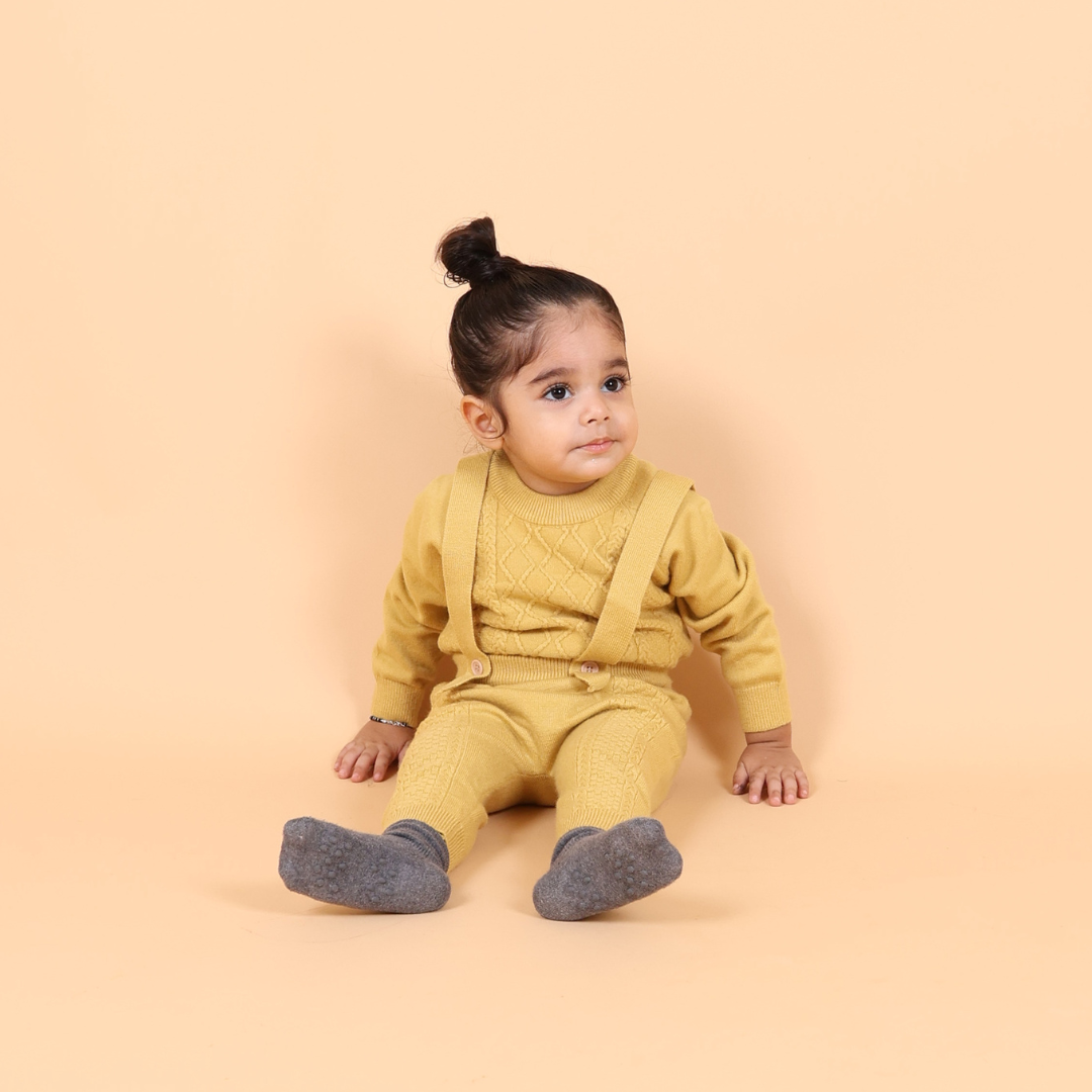 Yellow Dungaree Knitted Winter Co-ord Set with Cap