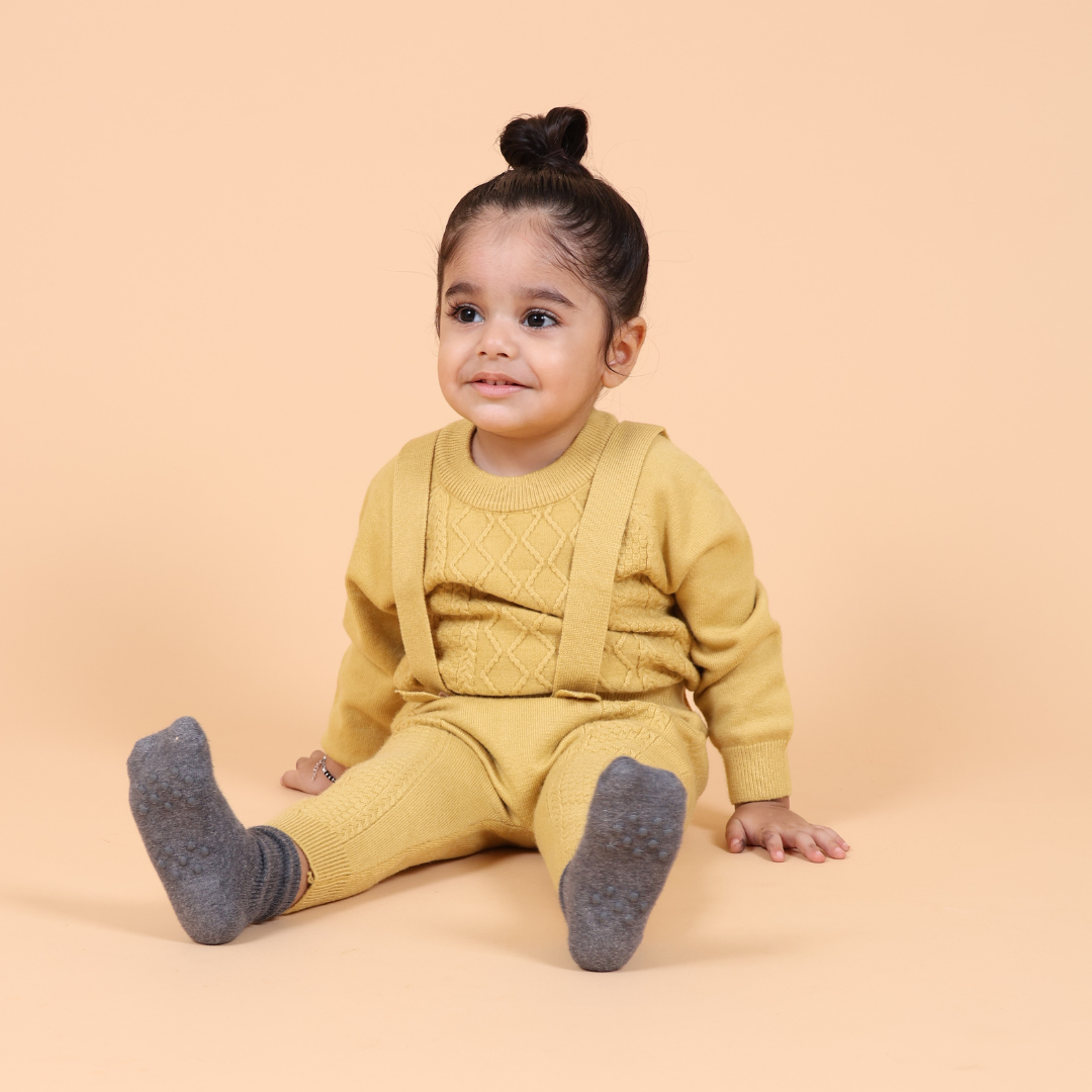 Yellow Dungaree Knitted Co-ord Set with Cap