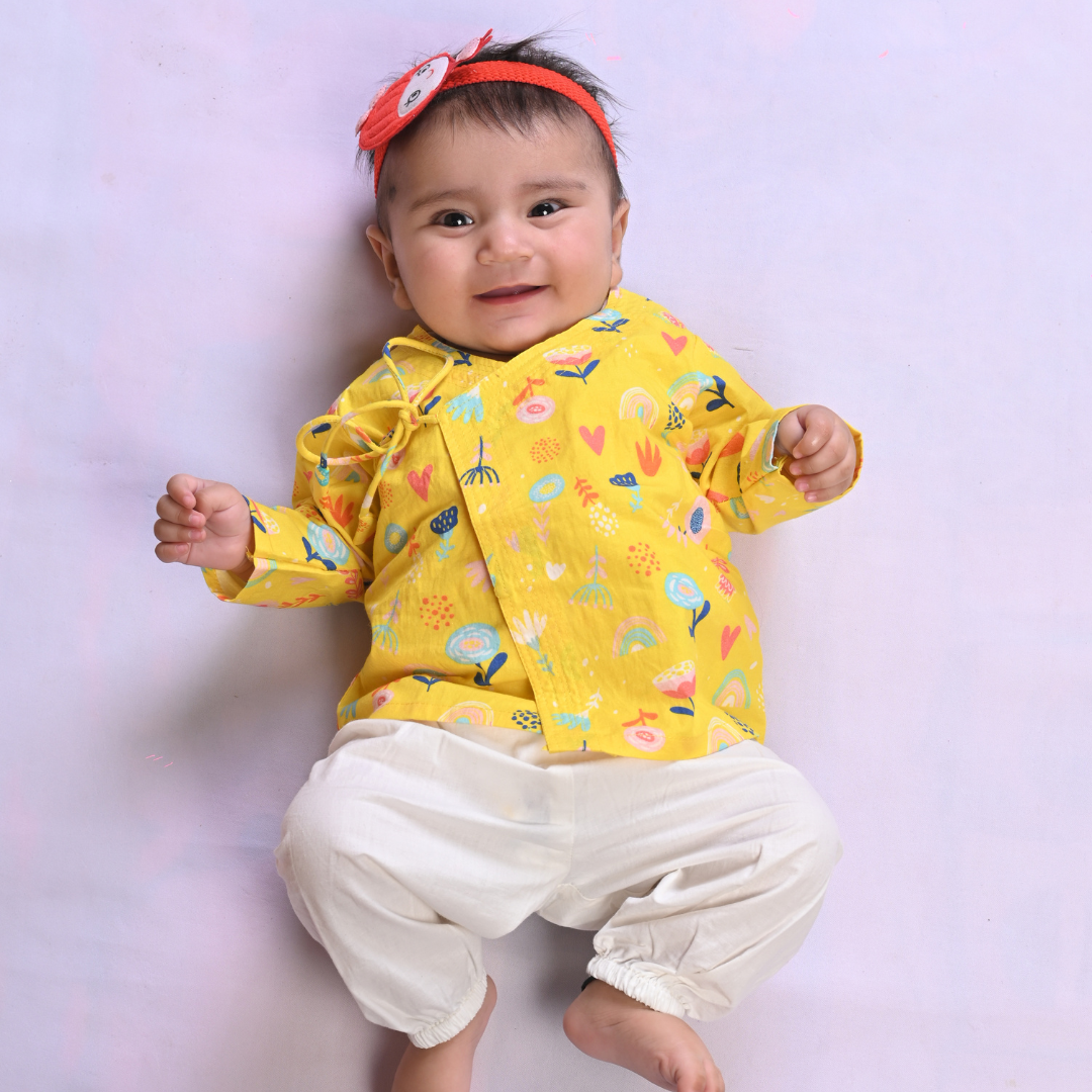 100% Cotton Angrakha Set, Yellow Floral