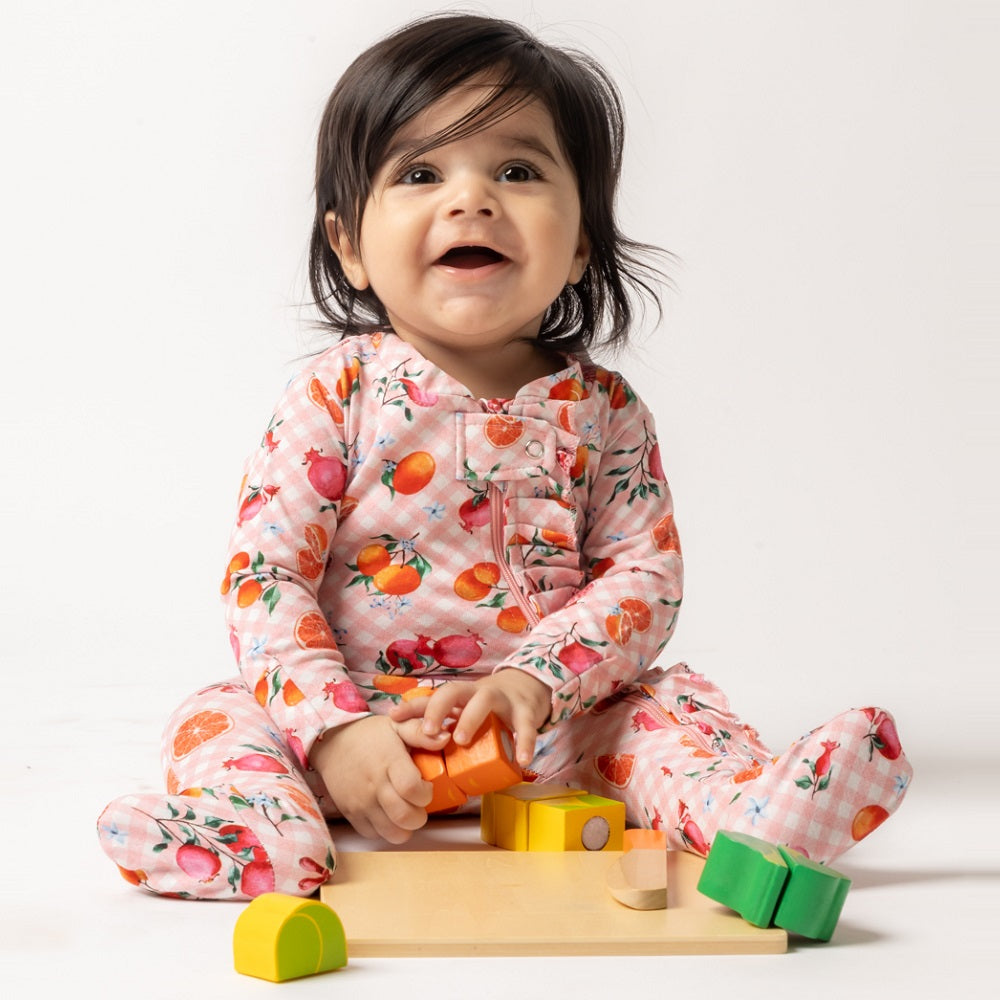 Citrus Gingham in Pretty Pink Organic Zipped Footed Sleepsuit