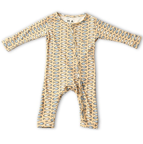 Fishy Fishy in the Sea Organic Buttoned Footless Sleepsuit - Yellow