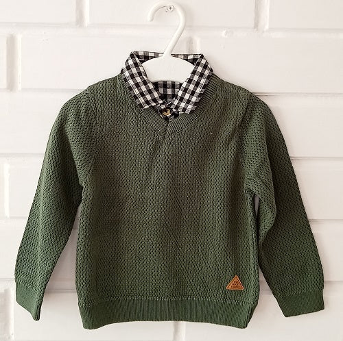 Green Pullover with Shirt Collar