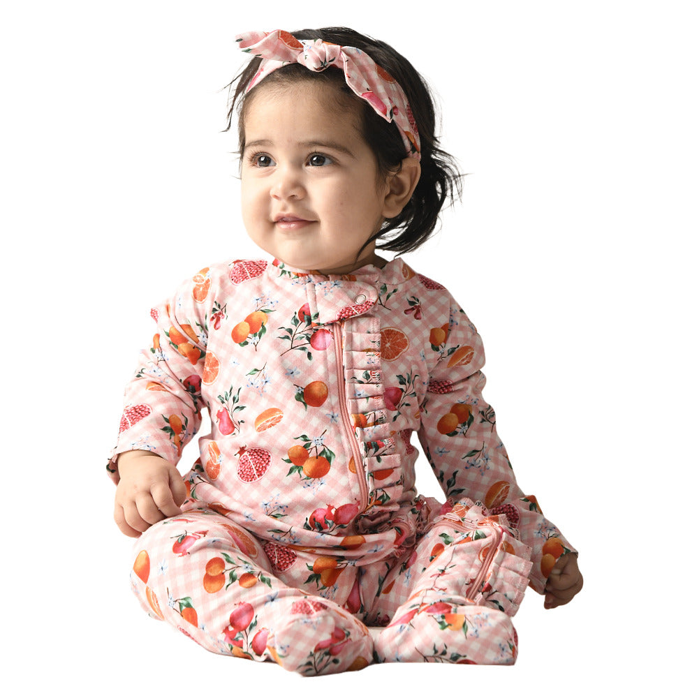 Citrus Gingham in Pretty Pink Organic Zipped Footed Sleepsuit