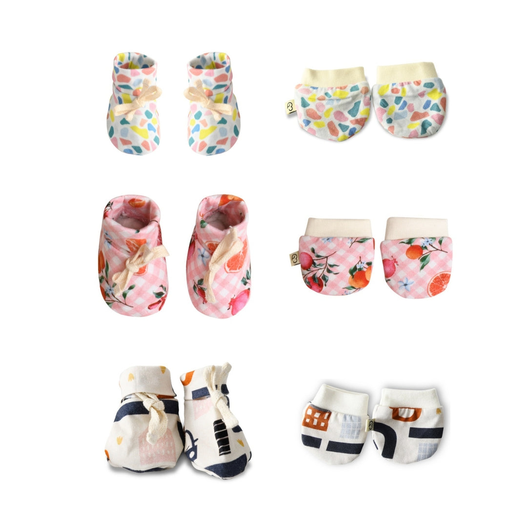 Combo of Rainbow Terazzo, Citrus Gingham &amp; Road Map Mittens &amp; Booties