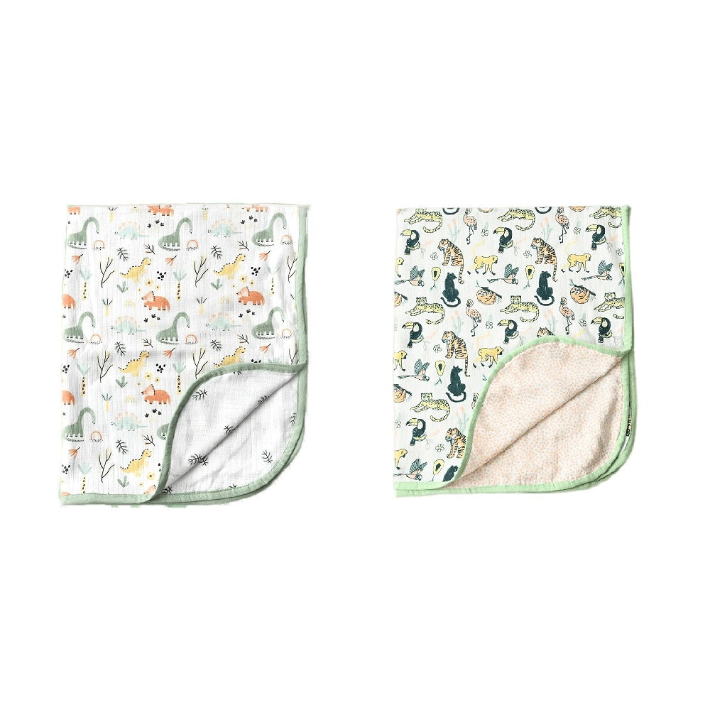 Combo of Dinosaur &amp; Rainforest Animals Reversible Muslin Blanket