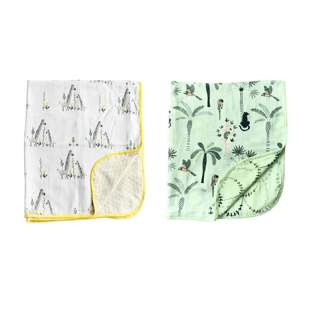 Combo of Giraffe &amp; Tropical Reversible Muslin Blanket